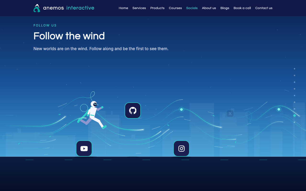 The socials stop: the runner hopping the GitHub tile with YouTube and Instagram on the ground