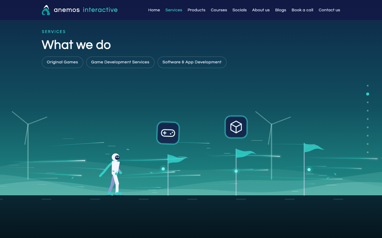 The services stop: the runner between windmills, with the service icons floating over the course